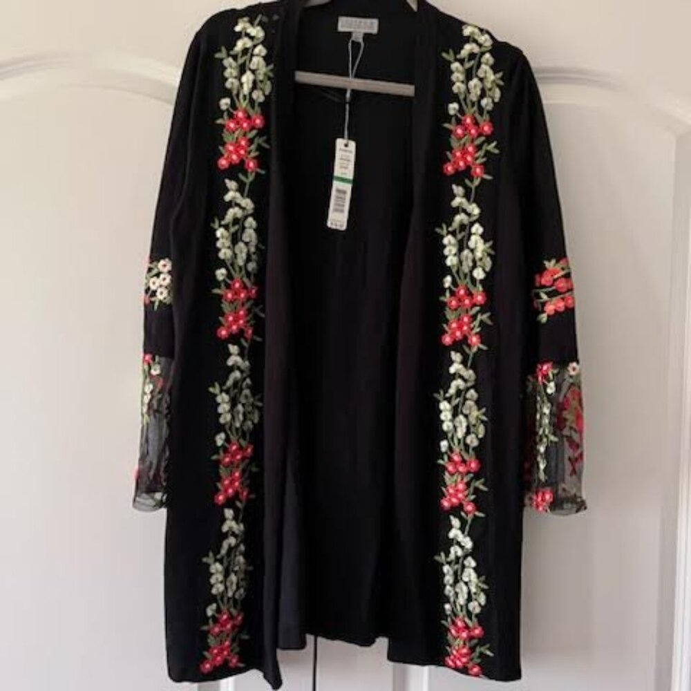 NWT Joseph A. Black Embroidered Cardigan Women's Size Large Rayon Mesh Sleeve